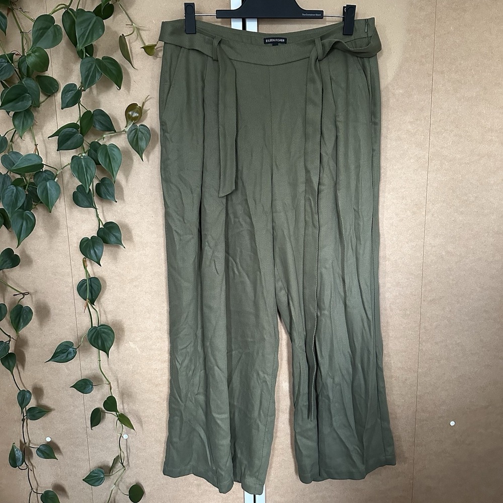 Eileen Fisher Pants Womens 12 Green High Waist Tencel Twill Wide Leg Tie‎ Belt